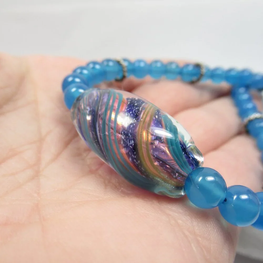 Blue Quartz Stone Necklace With Glass Bead